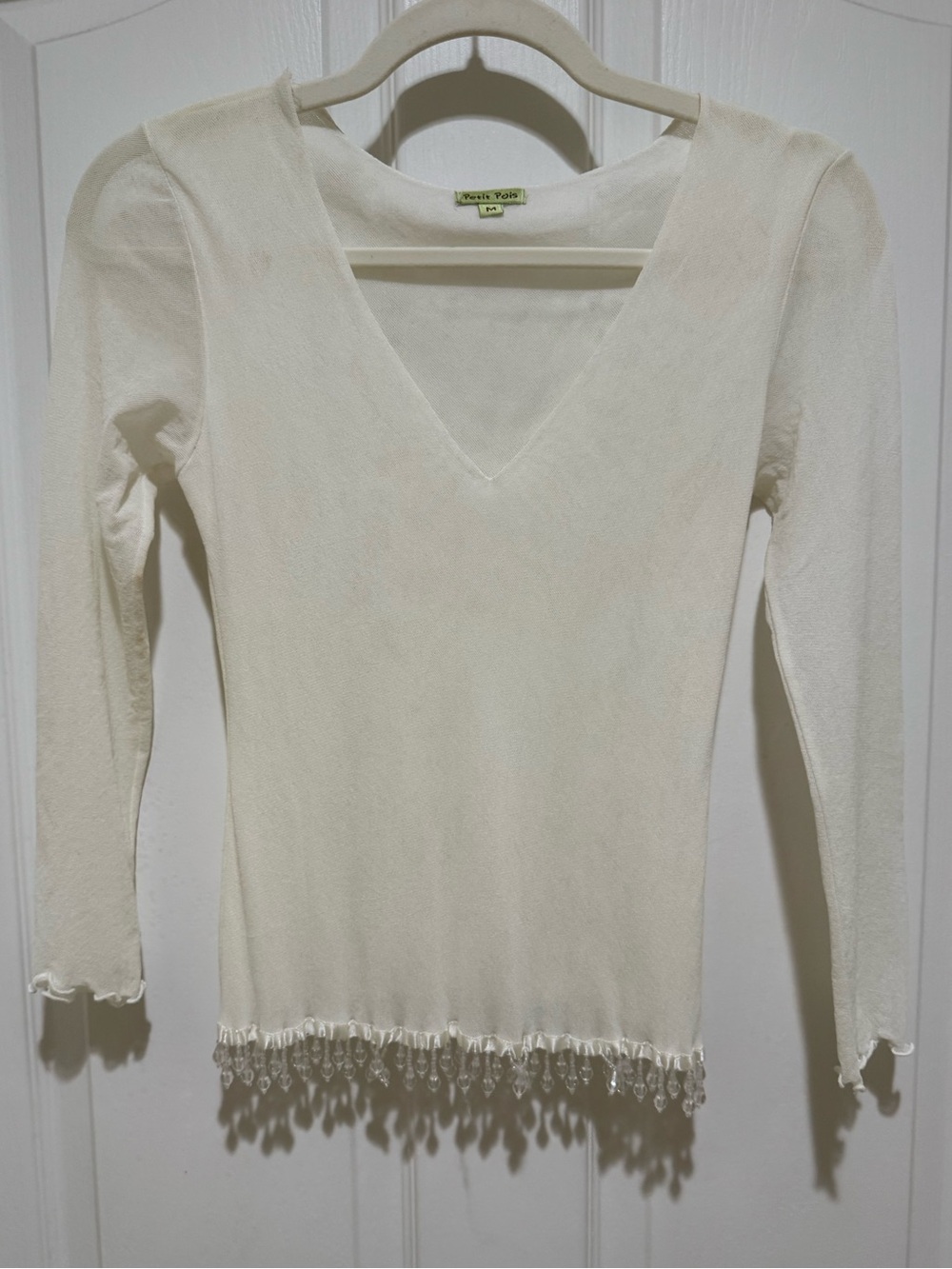 Y2K Petit Pois Ivory Mesh Crystal Fringe Top Size M